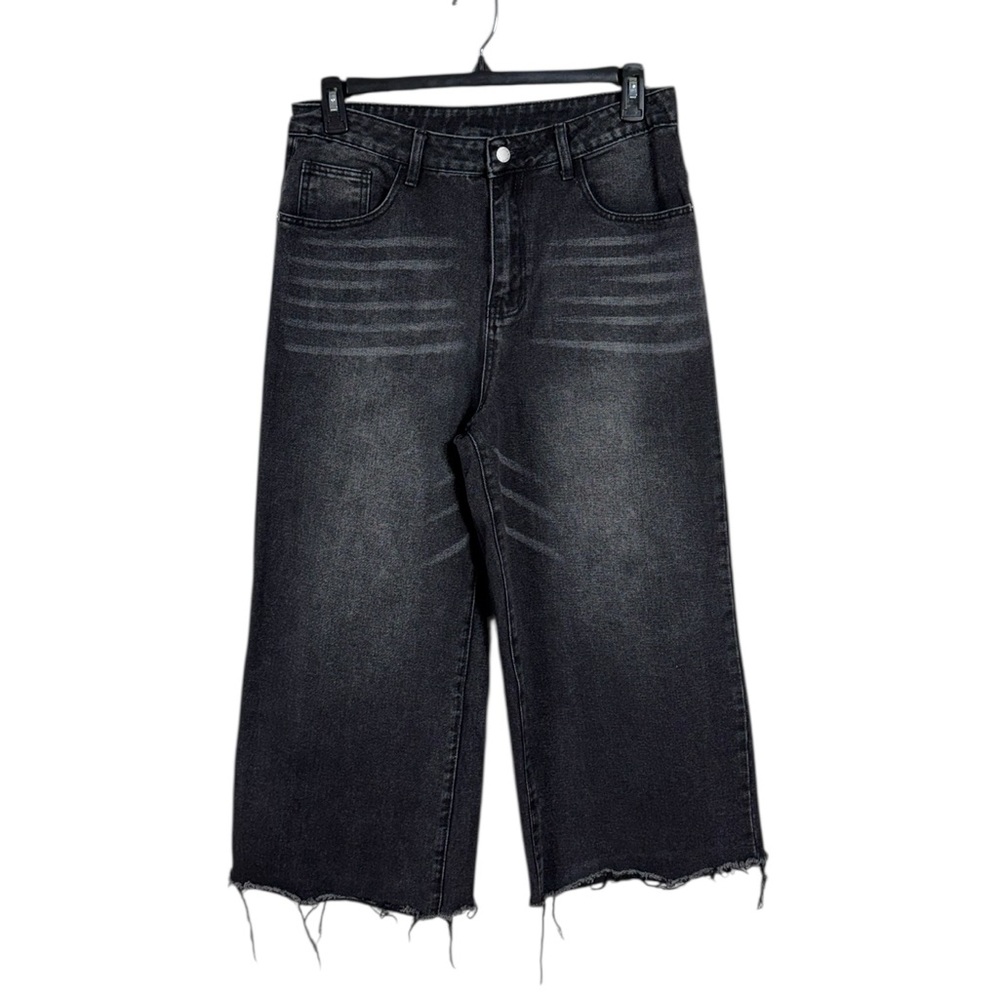 Wide Leg Black Raw Hem Jeans